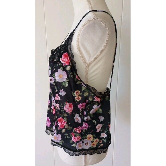 Y2K Lace Trim Cami Tank Top Large Fairy Core Whimsigoth Coquette Black Floral - Picture 3 of 9
